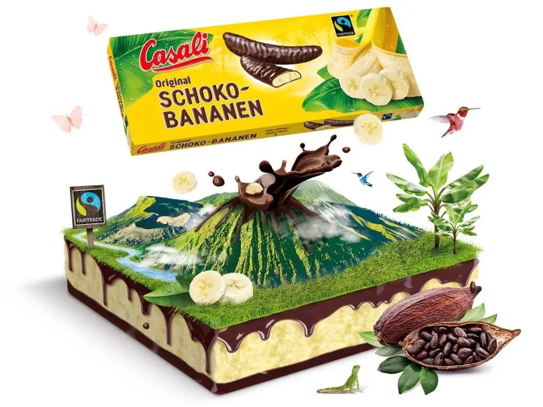 Illustration eines Bergs mit Schokolade, darüber eine Packung Schoko-Bananen